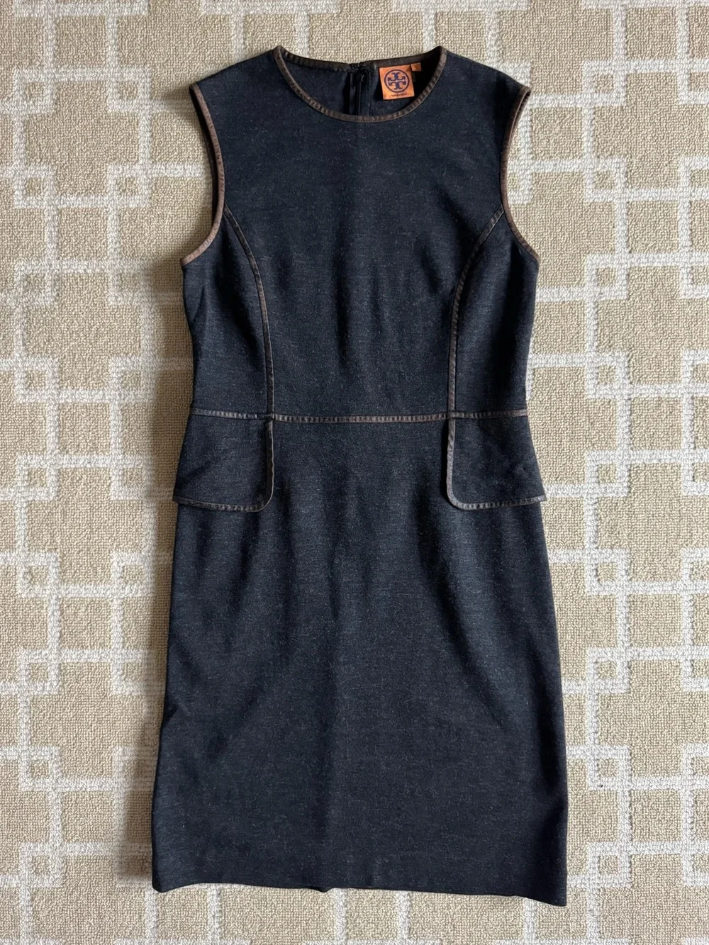 Tory Burch Wool Blend Peplum Sheath Dress Charcoal Distressed Trim Size Large